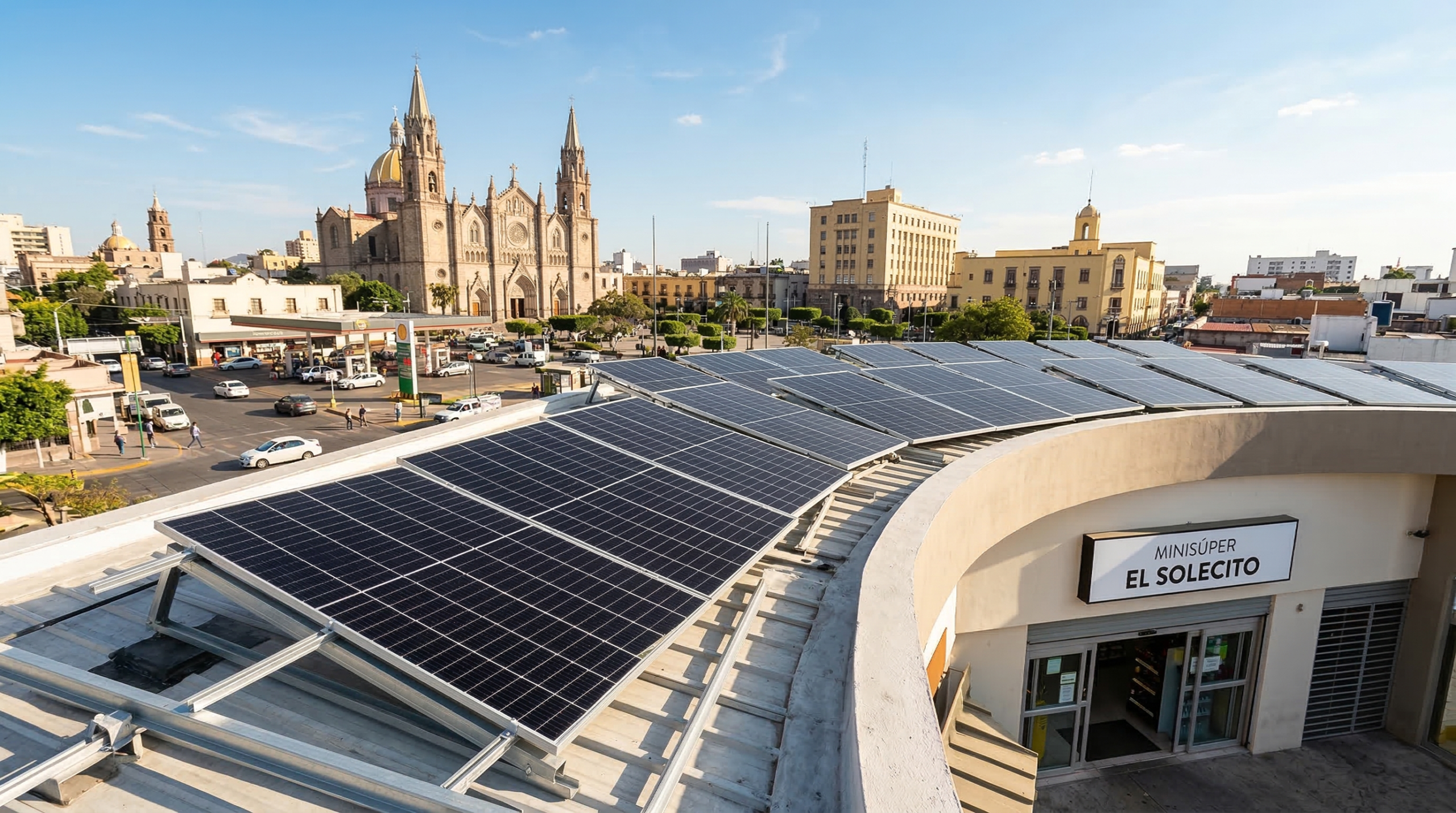 Paneles solares instalados en techo de negocio comercial en Guadalajara