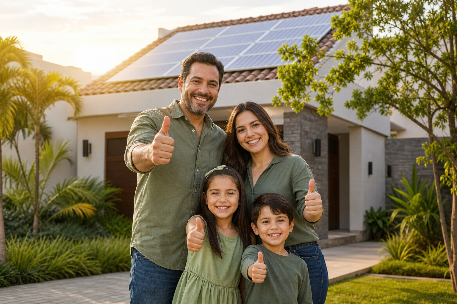 Familia mexicana feliz con paneles solares financiados en su hogar