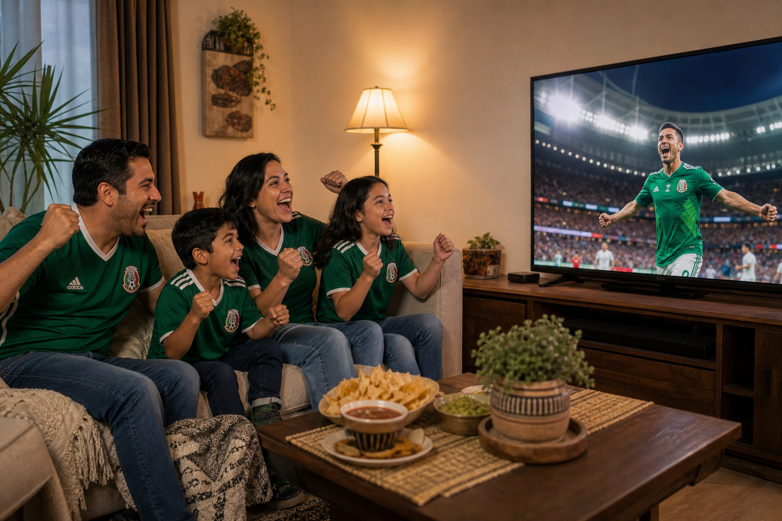 Familia viendo el Mundial con energía solar híbrida estable en Guadalajara