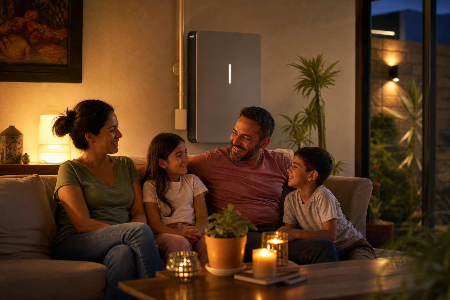 Familia con luz durante corte gracias a batería solar