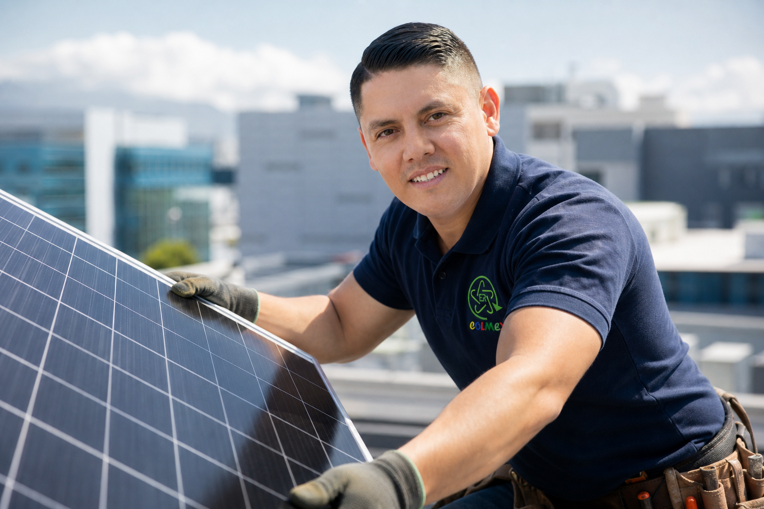 Instalador Colmex subiendo panel en Zapopan