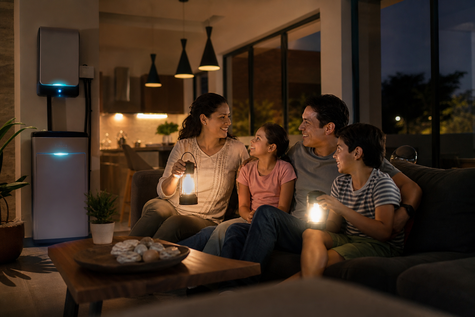 Familia con energía solar batería durante apagón Guadalajara