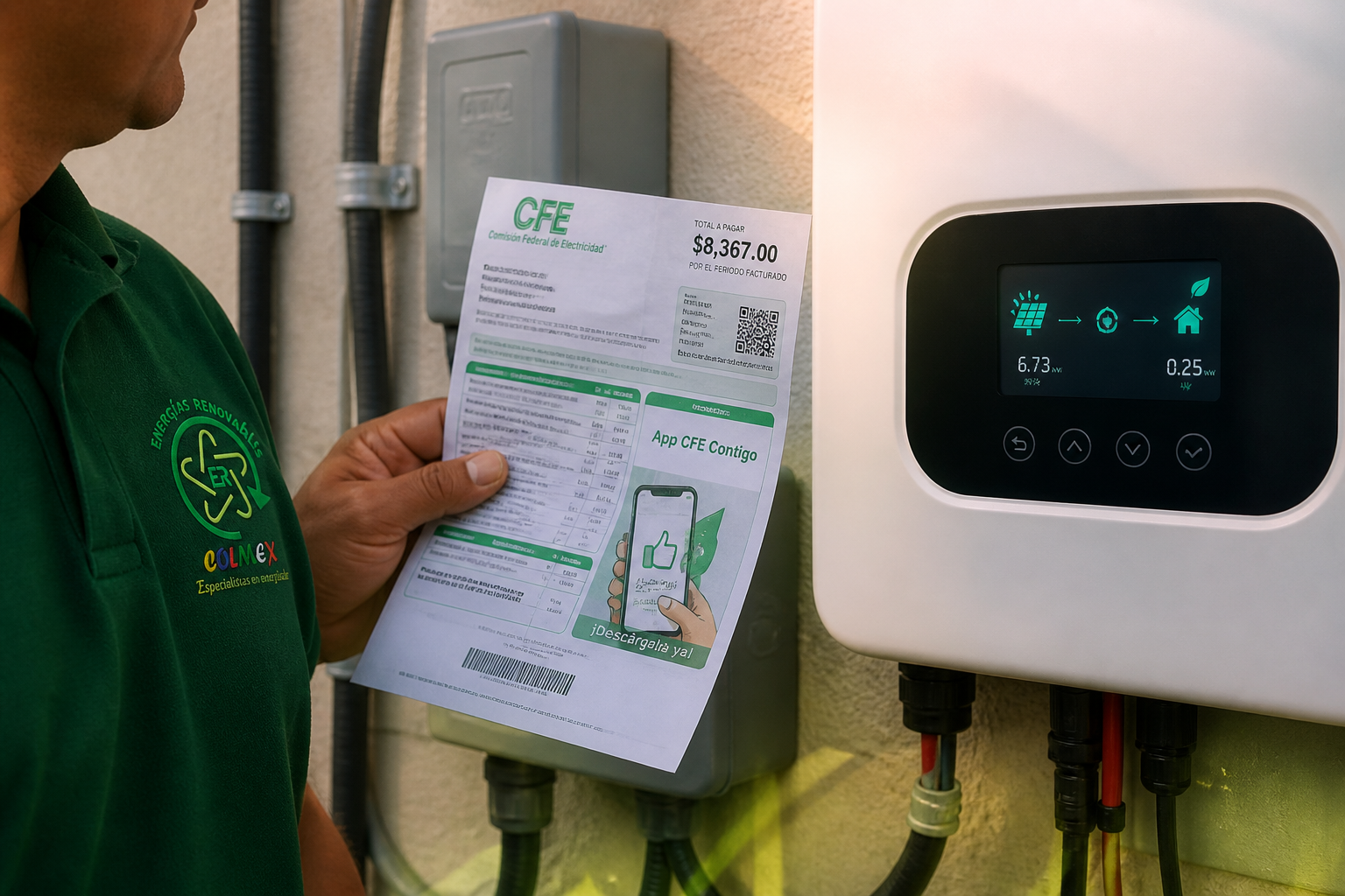 Recibo CFE DAC alto junto a inversor solar en Zapopan