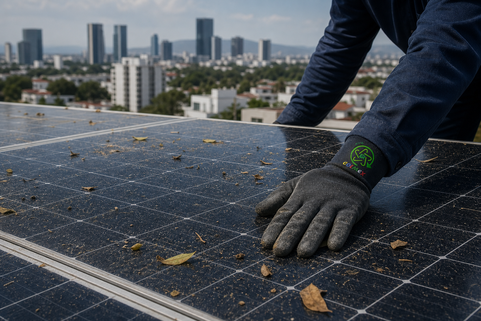Cristal de panel solar con polvo y hojas en techo de Guadalajara