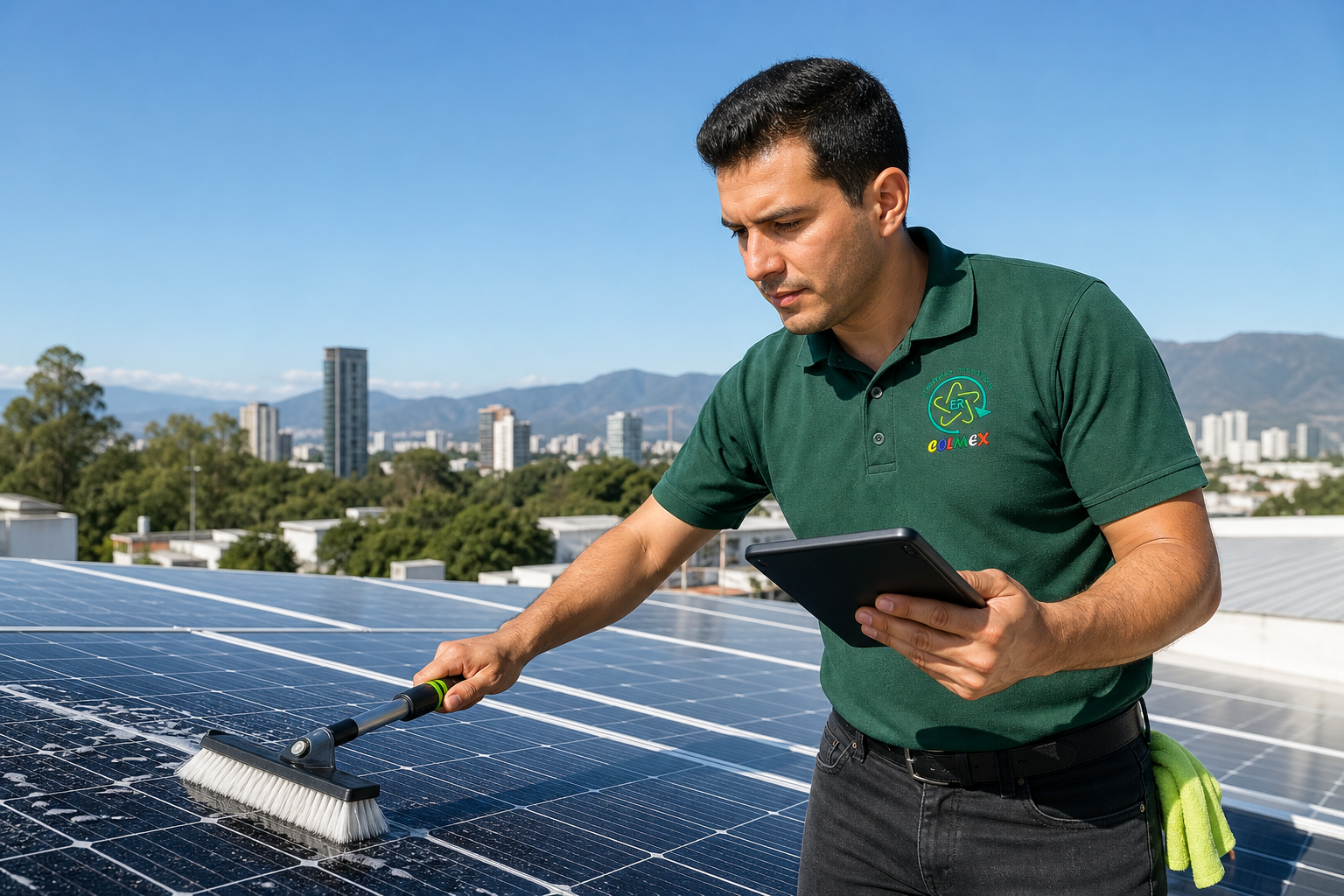Técnico Energías Colmex limpiando paneles y revisando producción en Zapopan
