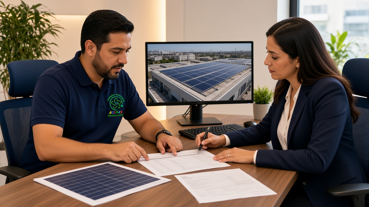 Instalador Colmex y contador revisando una propuesta solar empresarial