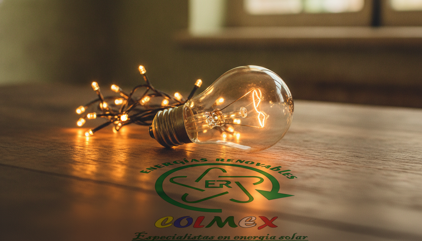 Serie de luces LED junto a un foco incandescente sobre una mesa