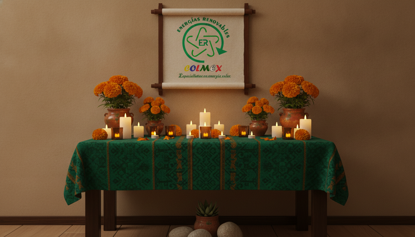 Ofrenda con flores de cempasúchil y velas LED con luz cálida