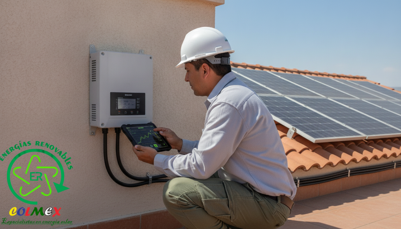 Instalador revisando la pantalla del inversor con paneles solares en el techo